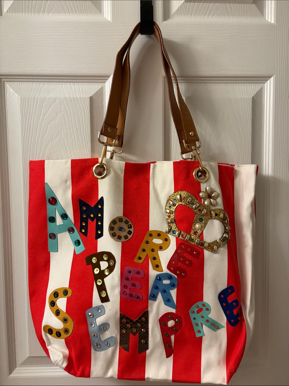 Striped Embellished Tote Bag in Red & White